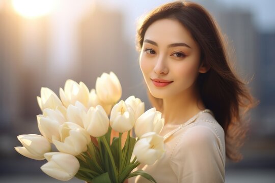 Portrait of asian woman embracing bouquet with tulips, looking and smiling at camera, blurred skyscraper city background, sunset rays, playful femininity, glamorous spring elegance space for text