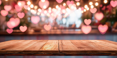 Empty wooden table in front of pink heat shape blurred valentine day light background for product display in a coffee shop, local market or bar - obrazy, fototapety, plakaty