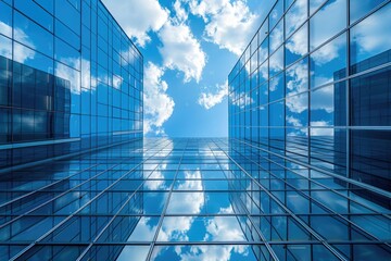 Upward View of Modern Skyscrapers Against a Sky with Clouds Reflecting on Glass Facades
