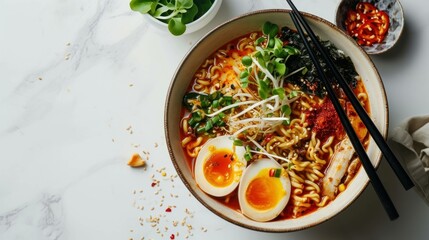 Angular view of a Spicy Miso Ramen against a clean white backdrop