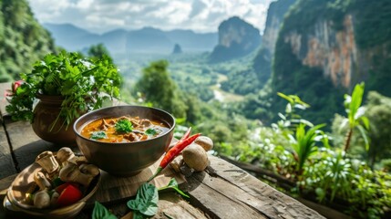 Tom Yum with Mushrooms against a Thai mountain backdrop