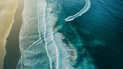 An aerial view of a kite surfer racing along the coastline leaving a trail of white foam in their wake. - obrazy, fototapety, plakaty