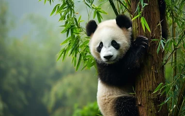 Poster panda gracefully climbing a bamboo tree © sitifatimah