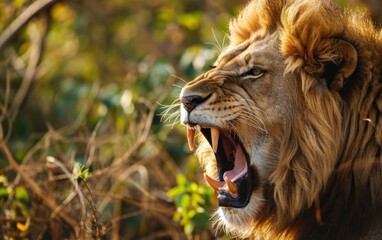 Fototapeta premium Close Up Shot of Male Lion Emitting a Powerful Roar in the Wilderness