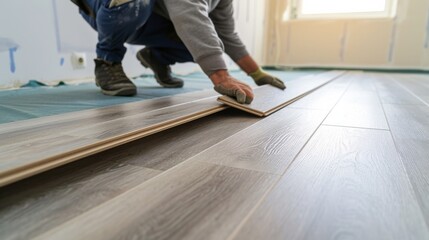 Installing laminated floor, detail on man hands holding wooden tile, over white foam base layer, small pile with more tiles background