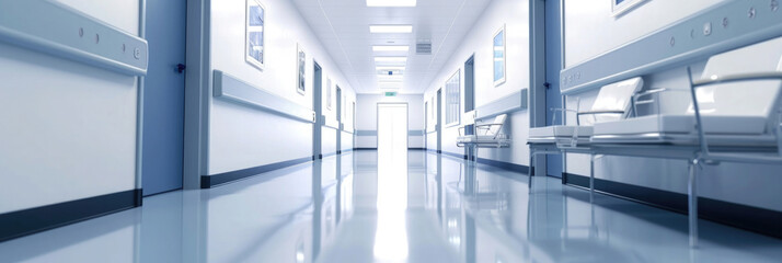 empty hospital interior, light corridor with doors and benches, background