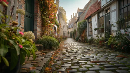 Acrylic prints Old building An ancient cobblestone street in a European town lined with historic buildings and flowering plants.