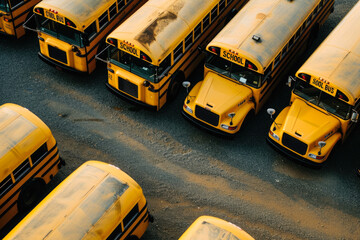 Aerial View of Parked School Buses in a Lot
