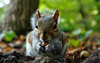 Naklejka na ściany i meble squirrel enjoying a nut against nature backdrop