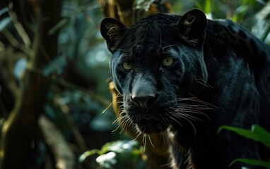 Naklejka na ściany i meble black panther enigmatic presence in the shadows of the rainforest