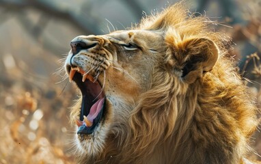Lion exhibiting a majestic yawn in the midday heat - obrazy, fototapety, plakaty