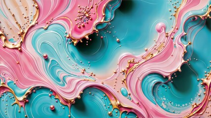 Marbled masterpiece: pink, teal, and gold intertwine, droplets frozen in mid-flight.