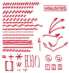 Highlighters markers in doodl style. Numbers, underline, round, arrows, punctuation marks. Highlighters, hand drawn underline. Handwritten notes for text ,education. Vector illustration