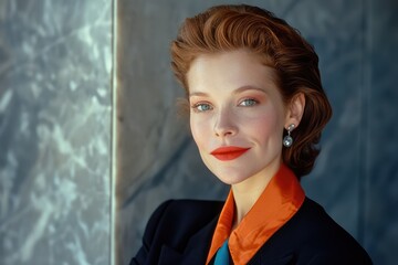 Iconic Business Charm: Close-Up of a Happy Business Professional in 1990s Citizen Portrait, Sporting Bold Shoulder Pads and a Power Suit, Embodying the Corporate and Consumerism Culture of the Era.


