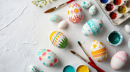 An artistic flat lay featuring decorated Easter eggs watercolor paints and paintbrushes on a white canvas background. - obrazy, fototapety, plakaty