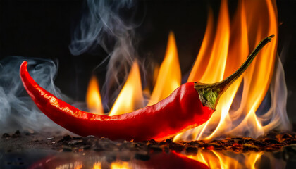 Red hot chilli pepper in fire on dark black background