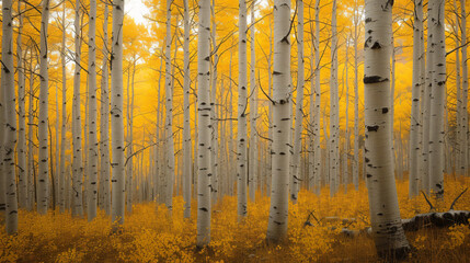 An aspen forest in the fall with golden yellow leaves and a soft diffused light filtering through.