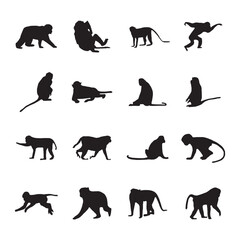 A set of monkey silhouettes on a white background. Perfect for designs about animals, vector, wildlife, primates, monkeys, apes, jungle, rainforest,