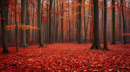 Raamstickers An autumnal forest with vibrant red and orange leaves a carpet of fallen leaves on the forest floor. © Carlos