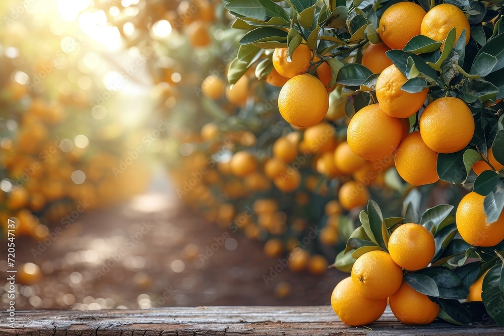 Poster summer orange fruit garden background with empty wooden table top in front, sunlight soft background