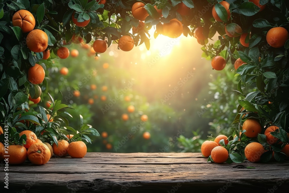 Poster summer tangerine fruit garden background with empty wooden table top in front, sunlight soft backgro