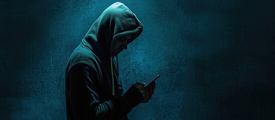 The image portrays a shadowy hacker, concealed by a hood, brandishing a smartphone, embodying the sinister world of cybercrime, internet breaches, and malware attacks against a dark background. - obrazy, fototapety, plakaty