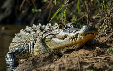 Fototapeta premium Close up shot of a crocodile nesting on a riverbank