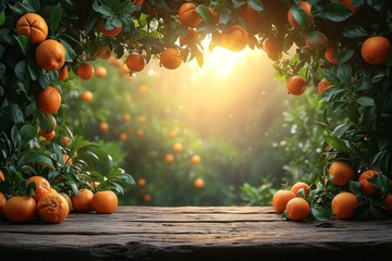 summer tangerine fruit garden background with empty wooden table top in front, sunlight soft...