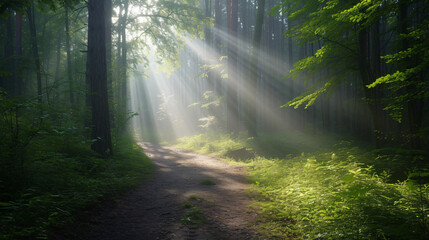 Fototapeta na wymiar An early morning run through a foggy tranquil forest path rays of sunlight piercing through.