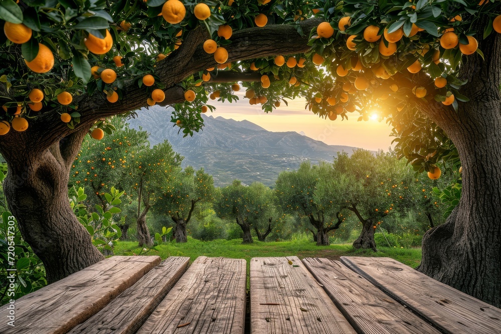 Poster a wooden table sits beneath a tree filled with ripe oranges.