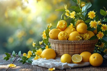 A basket filled with ripe lemons sits next to a vibrant display of yellow flowers.
