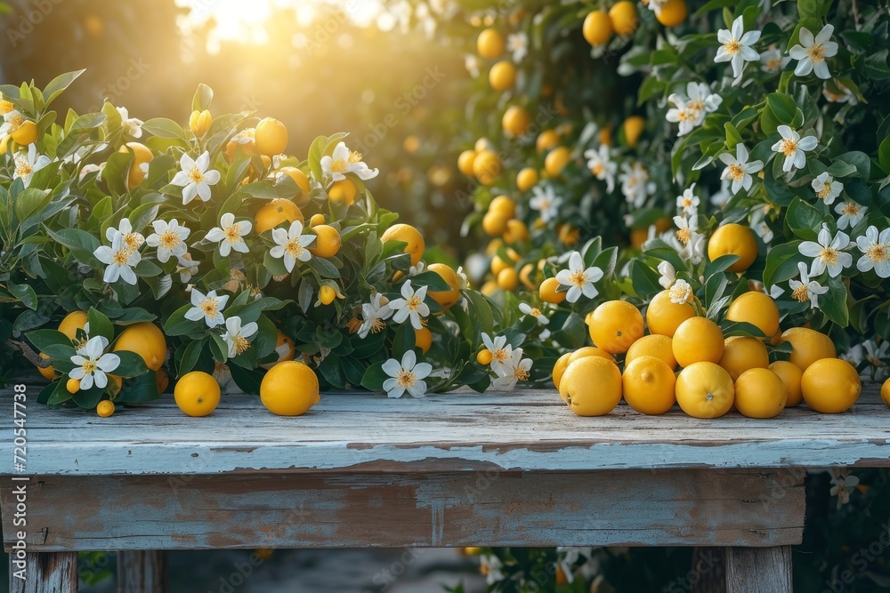 Poster summer lemon flowers and fruits garden background with empty wooden table top in front, sunlight sof