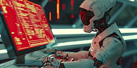 Fototapeta premium Amongst people in an office, a robot diligently types on a keyboard, blending seamlessly into the workplace environment.