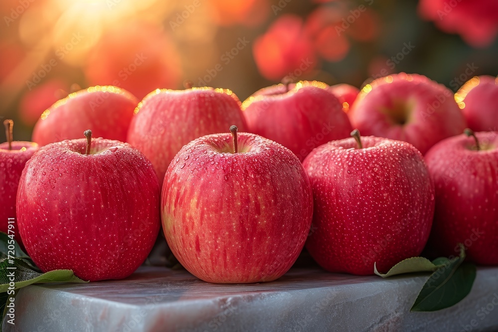 Aufkleber a group of ripe red apples neatly arranged on top of a wooden table.