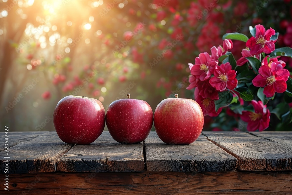 Poster a photo of three red apples neatly arranged on top of a wooden table.