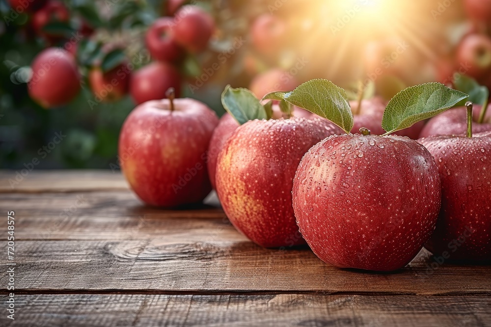 Poster a group of red apples arranged on top of a wooden table.
