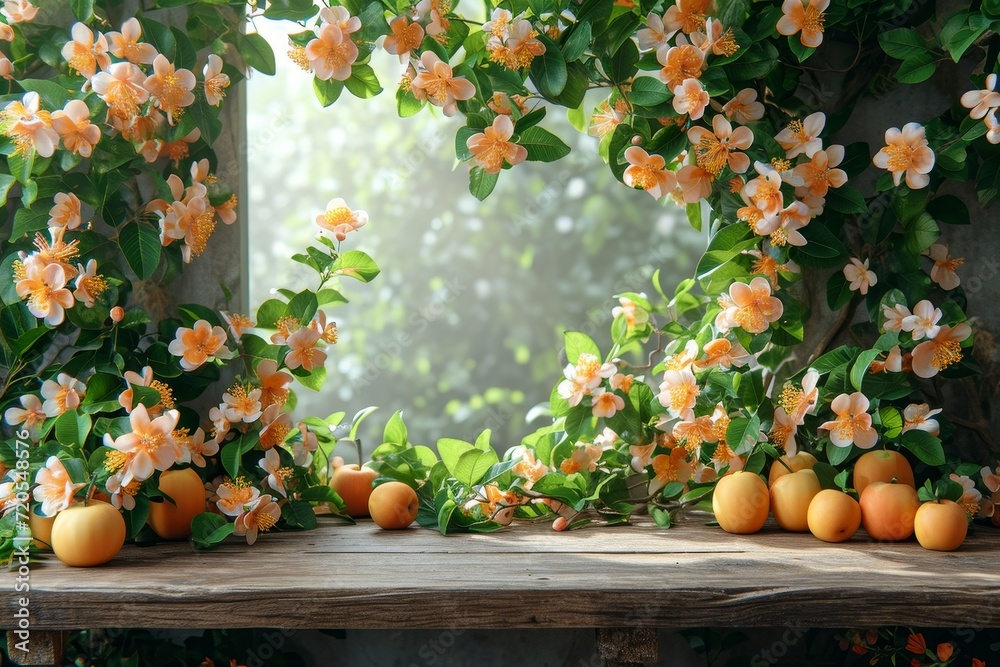 Poster collection of oranges neatly arranged on a table in garden 