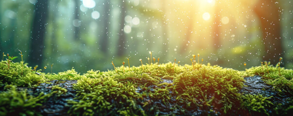 Close-up, nature textures, bright green colors of fresh grass, moss. Foggy natural background, dewy morning. Shallow depth of field. Banner. - obrazy, fototapety, plakaty