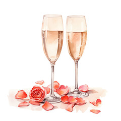 Watercolor Two Champagne Glasses Flutes with Roses leaves flowers Valentine's Day, Engagement, Wedding, Celebration, Illustration Isolated Graphic