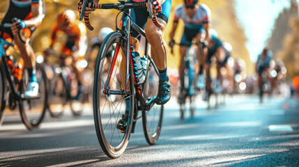 Lifestyle, cycling race. A cyclist rides a bicycle, wheel and road close-up. Hobbies and recreation. - obrazy, fototapety, plakaty