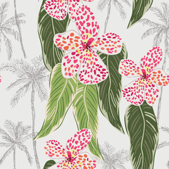 Tropical canna flowers, leaves, palm trees, gray background. Vector seamless pattern. Jungle foliage illustration. Exotic plants. Summer beach floral design. Paradise nature
