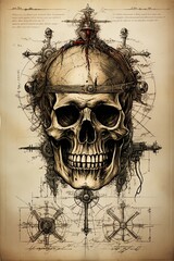 Pirate skull vintage poster. Drawing sketch design. Ai Generative