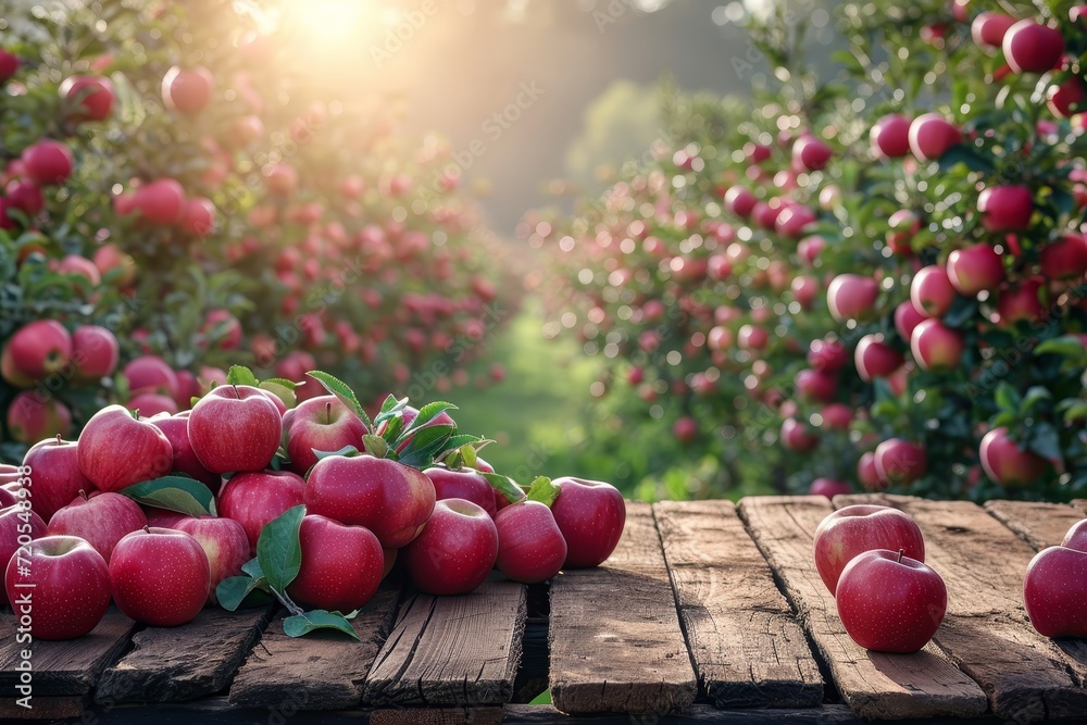 Poster A wooden table covered with a multitude of ripe red apples, creating a vibrant display.