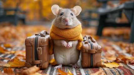 A rat standing outside a house with suitcases in its paws. The concept of rat extermination
