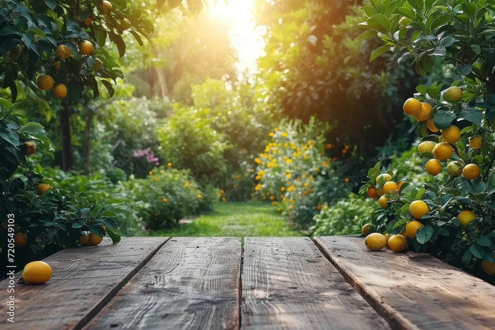 Poster a wooden table filled with a plentiful supply of oranges arranged neatly.