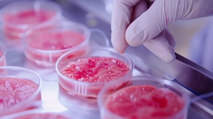 Laboratory-grown artificial meat concept showcasing the future of food with cultured beef, a sustainable and ethical alternative to traditional meat production.