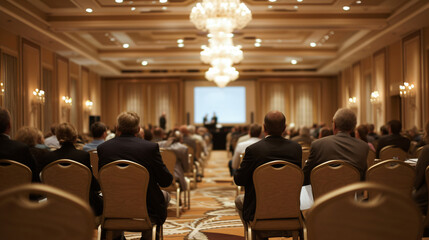 An elegant wealth management seminar in a hotel ballroom affluent clients listening attentively. - obrazy, fototapety, plakaty
