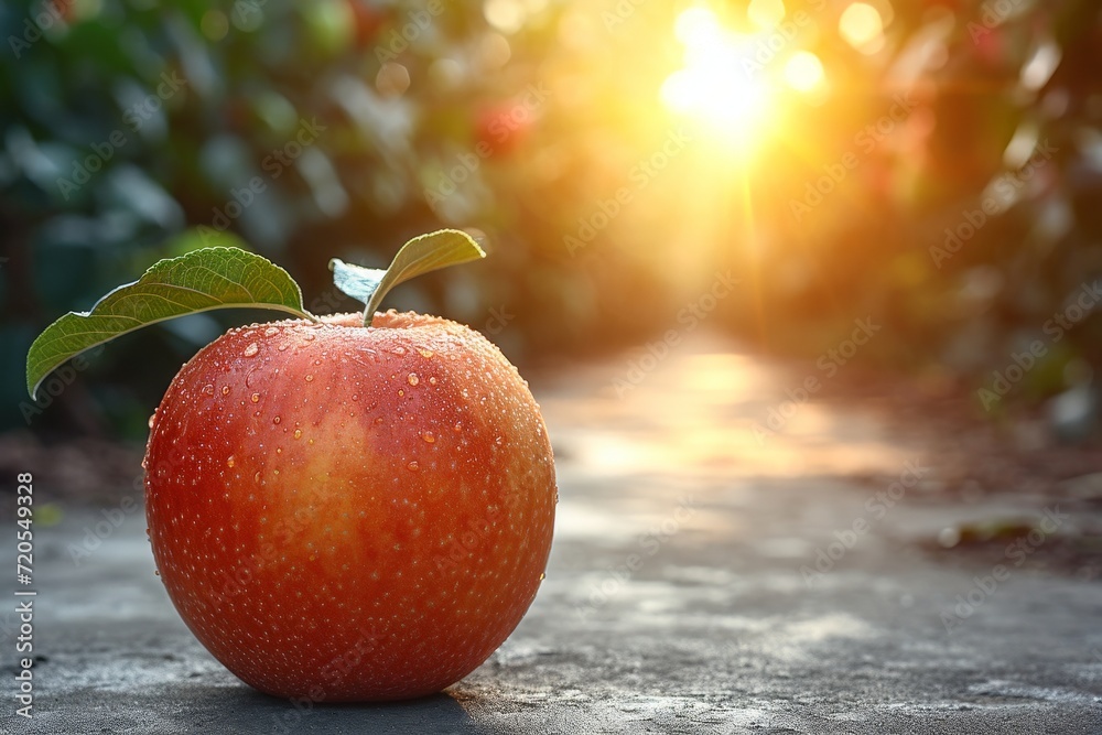 Poster A single apple lying on the ground with a leaf resting on top of it.