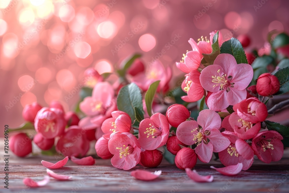 Poster a collection of pink flowers arranged on a wooden table, creating a vibrant and colorful display.