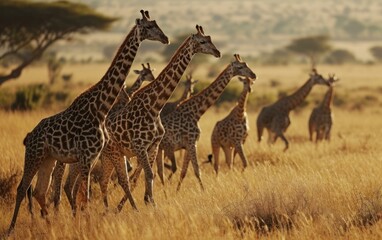 Obraz premium giraffes moving with synchronized through the savannah